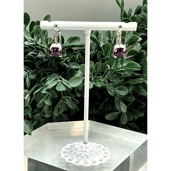 Silver-Tone  Leverback Earrings With Purple Gemstone Round Cut - Picture 3 of 6